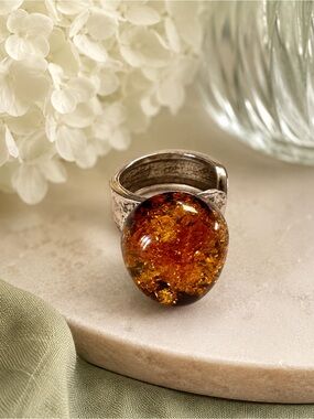 Vintage Cognac Amber Statement Ring Size 7